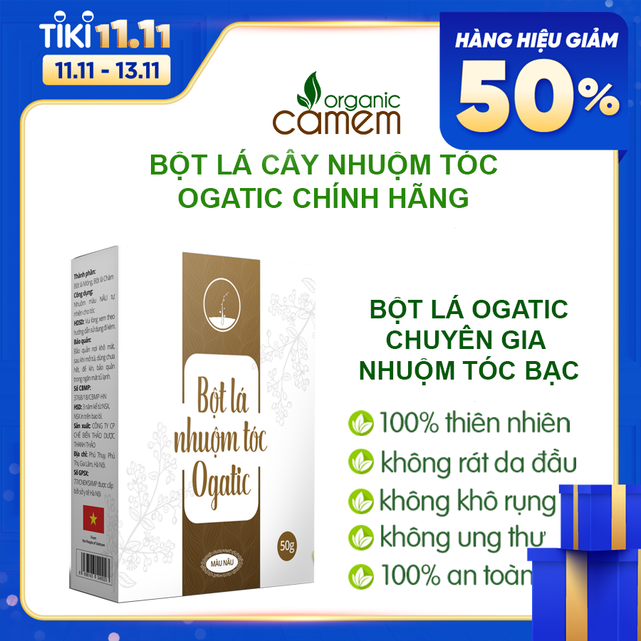 Thuốc nhuộm tóc bạc bột lá móng thiên nhiên OGATIC màu Nâu