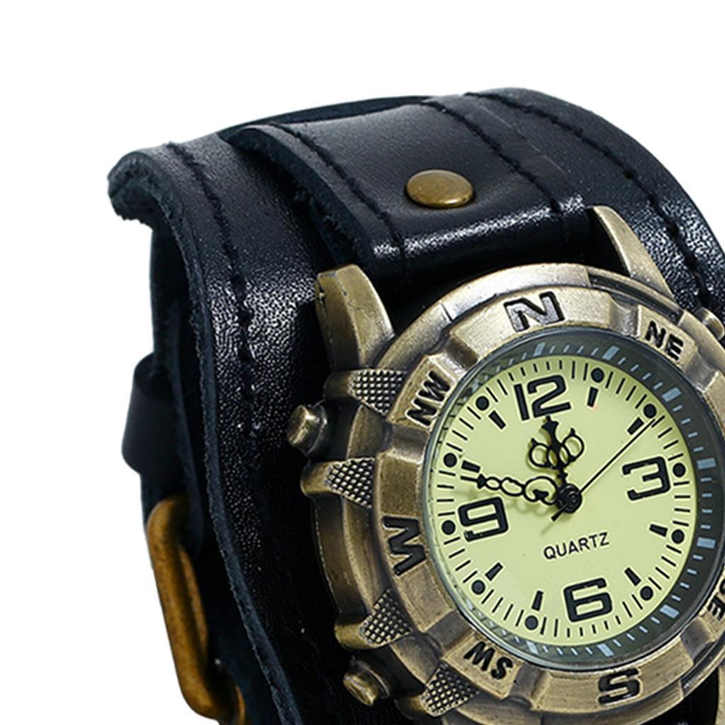 2X Wristwatch Male Watch Band Genuine Leather Men Vintage Bracelet Black