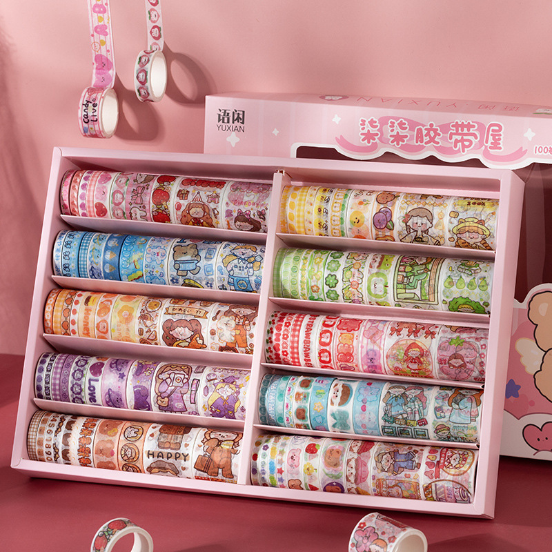 Hộp 100 cuộn washi tape dễ thương dùng để trang trí sổ tay