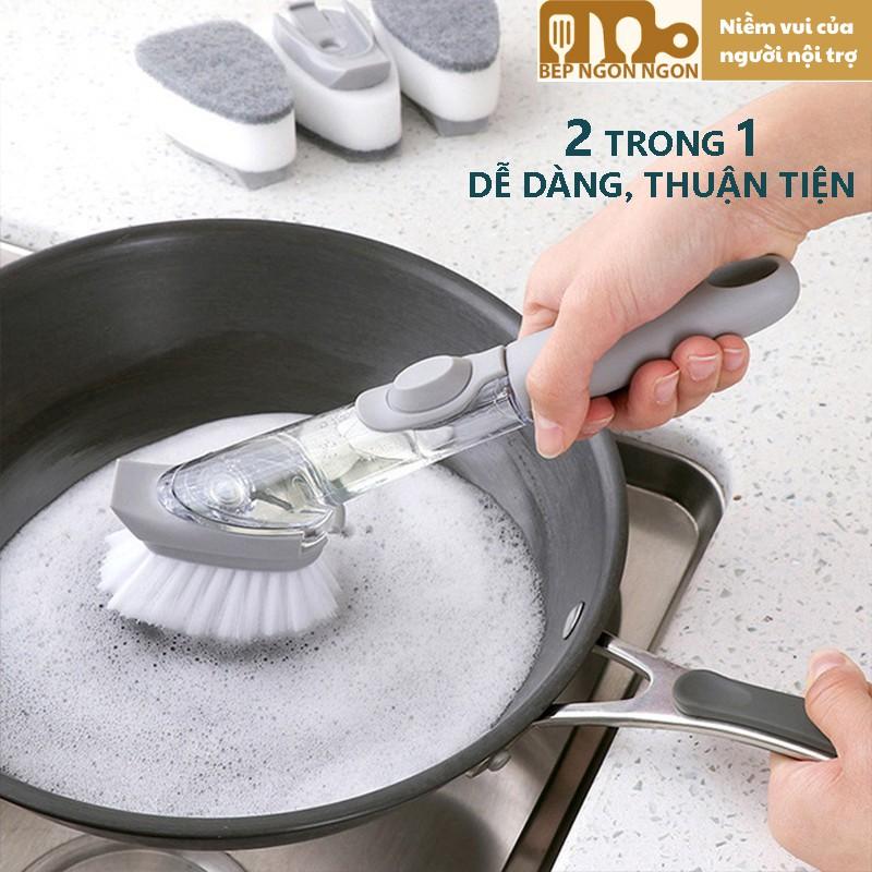 Bàn chải cọ rửa xoong nồi, chén bát 2 trong 1 có thể tháo rời, cọ bọt biển xốp đựng nước rửa chén_BEP NGON NGON