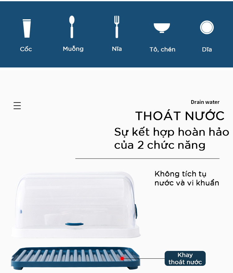 Kệ úp chén bát 2 tầng có nắp đậy, khay hứng khô ráo, sạch sẽ, kích thước 45x38x25cm - Hàng chính hãng