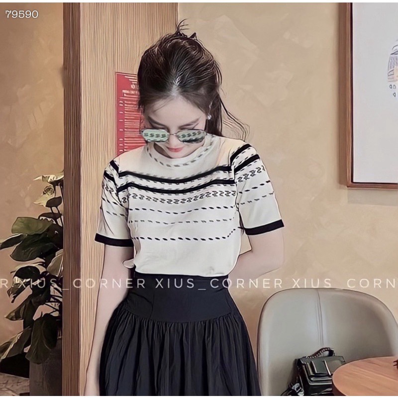 ÁO LEN DỆT KIM CROPTOP SỌC TAY NGẮN DẠO PHỐ DỰ TIỆC GIÁNG SINH NOEL