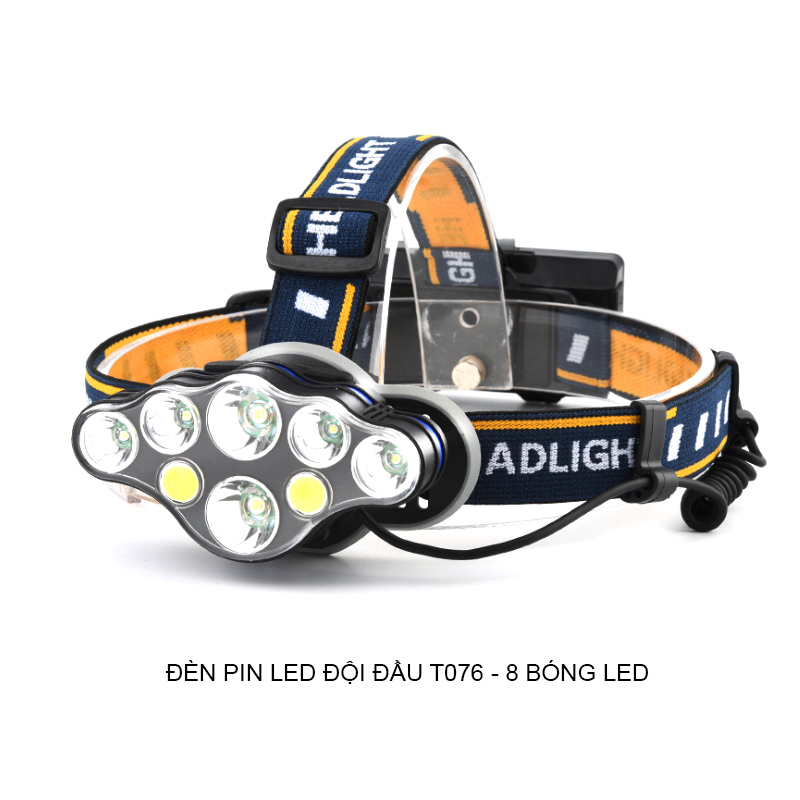 Đèn pin led đội đầu siêu sáng T076, 8 bóng led  - kèm 2 pin sạc