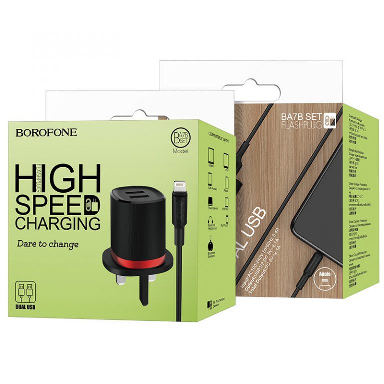 Bộ Cóc Cáp Sạc BA7B Borofone - 2 Cổng USB - Cổng Lightning chuẩn UK - Hàng Chính Hãng