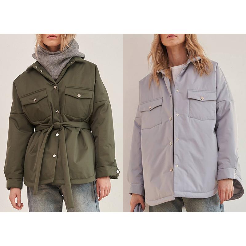 Cổ Gập Parkas Thời Trang Nữ Phối Dây Áo Khoác Nữ Thanh Lịch Chắc Chắn Túi Trước Cotton Áo Khoác Nữ Nữ