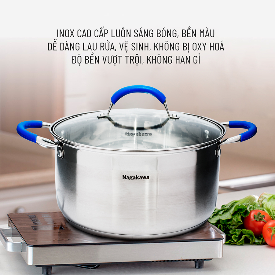 Bộ 3 Nồi Inox Cao Cấp 5 Đáy Quai Silicon Chống Bỏng Nagakawa NAG1302 (size 16cm, 20cm, 24cm) Dùng Cho Mọi Loại Bếp - Hàng Chính Hãng