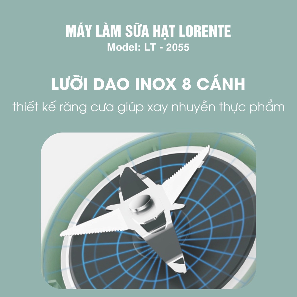 Máy xay làm sữa hạt 1.2L Lorente LT-2055 cối thủy tinh 5 lớp chịu nhiệt, nấu sữa đậu nành, sữa bắp khi xay - Hàng chính hãng