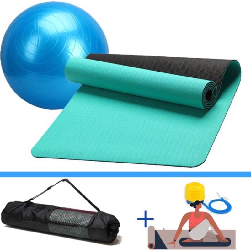 Combo thảm tập yoga 6mm 2 lớp + bóng tập yoga cao cấp (Kèm túi đựng thảm và bơm bóng