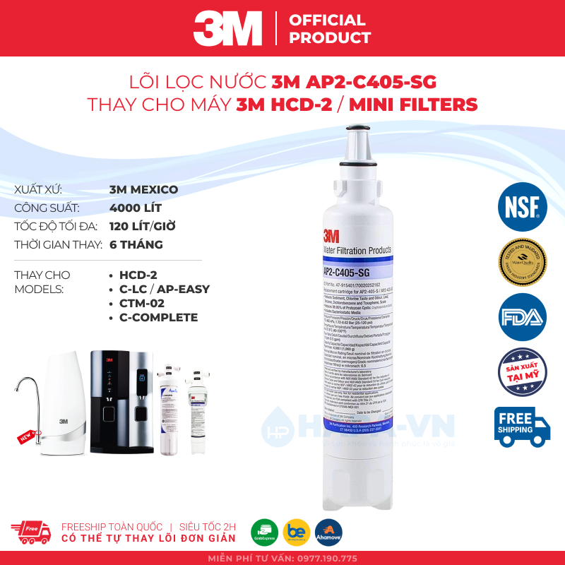 Lõi Lọc 3M AP2-C405-SG Thay Cho Máy Lọc Nước Nóng Lạnh Để Bàn 3M HCD-2 Hoặc 3M Mini Filter - Nhập Khẩu Mỹ, Hàng Chính Hãng - 3M AP2C405SG HCD2 AquaPure C-LC CLC