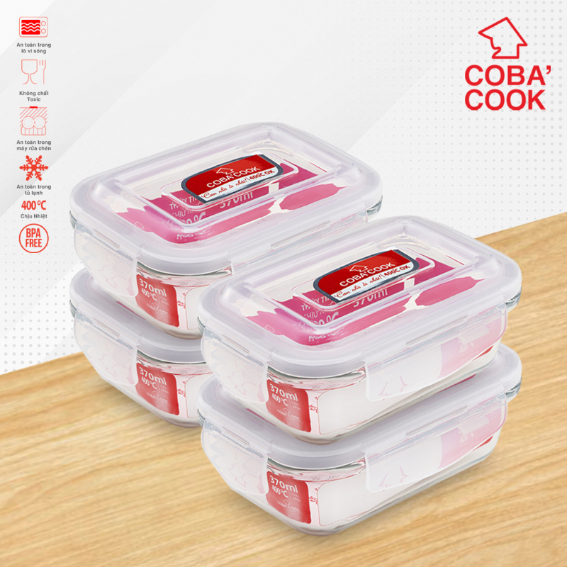 Bộ 4 hộp đựng cơm, trữ thực phẩm thủy tinh chịu nhiệt COBA'COOK hộp chữ nhật 370ml- CCL34