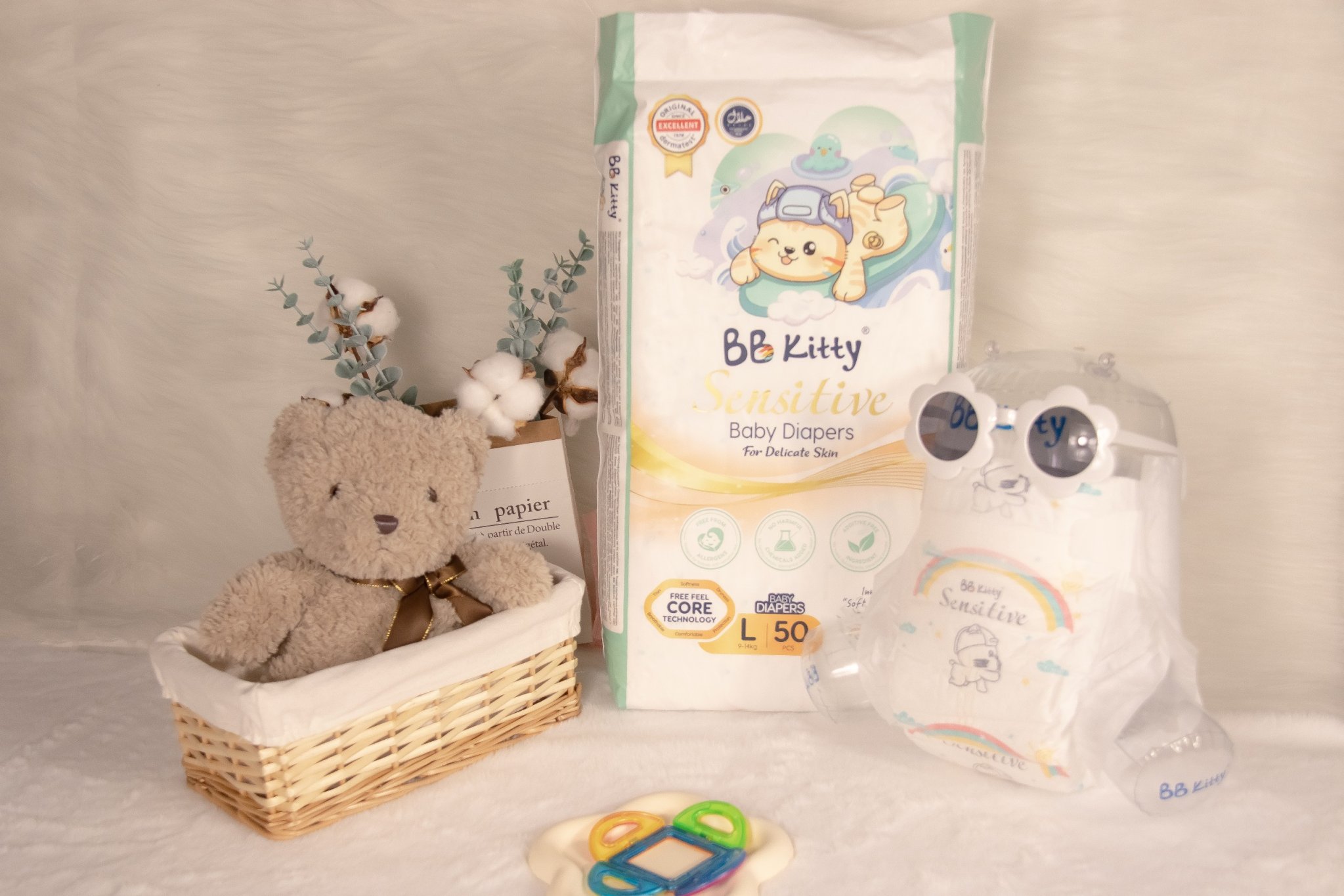 [L50]Tã/Bỉm Dán  BB KITTY SENSITIVE dành cho da Nhạy Cảm size L 50 miếng/ 09 - 14 kg mẫu mới