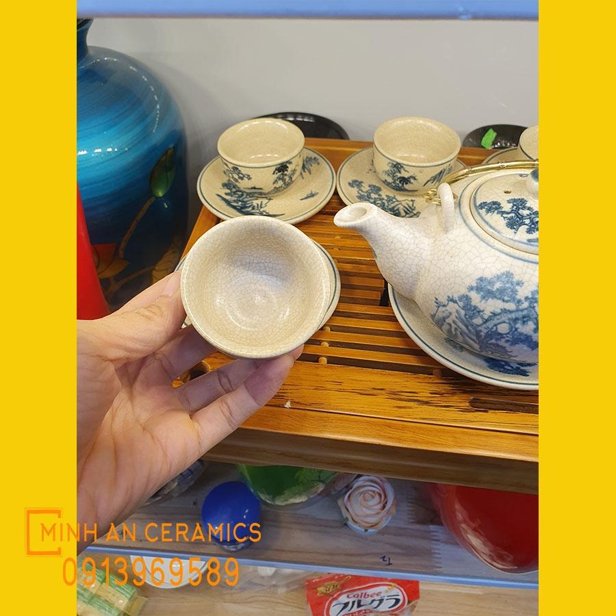 Bộ ấm chén men rạn giả cổ dáng ấm Nhật gốm Minh AN Bát Tràng hoa văn vẽ cây Tùng