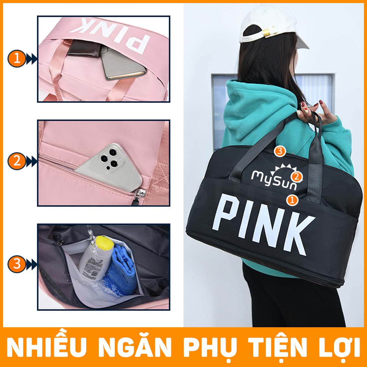 Túi du lịch 2 tầng cỡ lớn chống nước siêu nhẹ cho nam nữ chính hãng cao cấp MySun PINK