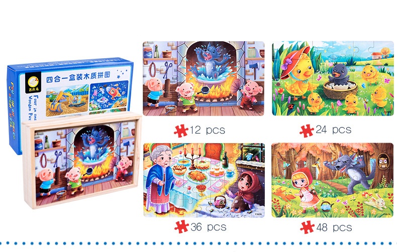 Đồ chơi hộp xếp hình 4 cấp độ Puzzle 12,24,36,48 miếng trong 1 hộp gỗ cho bé