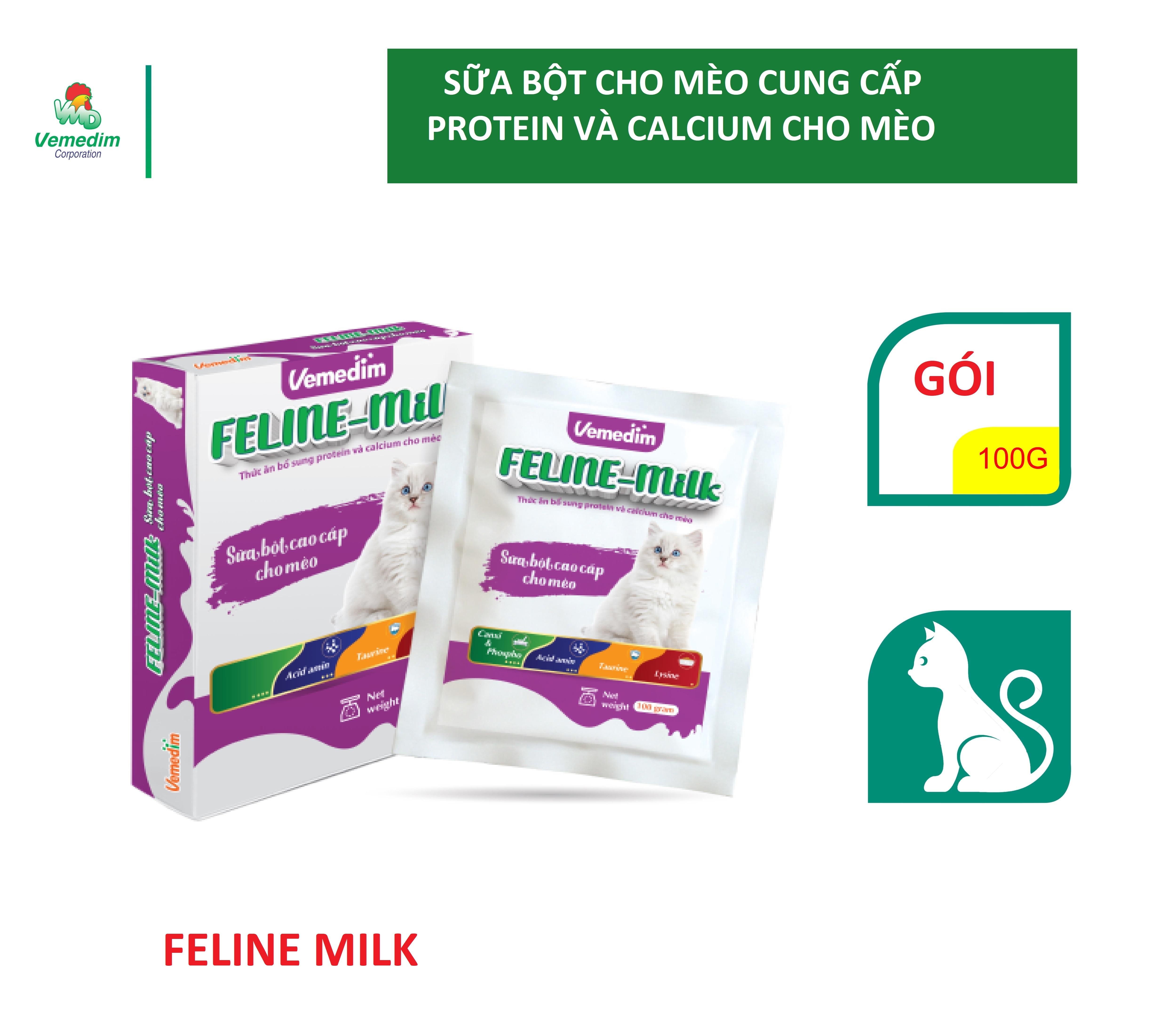 Vemedim Feline milk sữa bột dành cho mèo con, mèo lớn, mèo đang mang thai và dưỡng bệnh, gói 100g