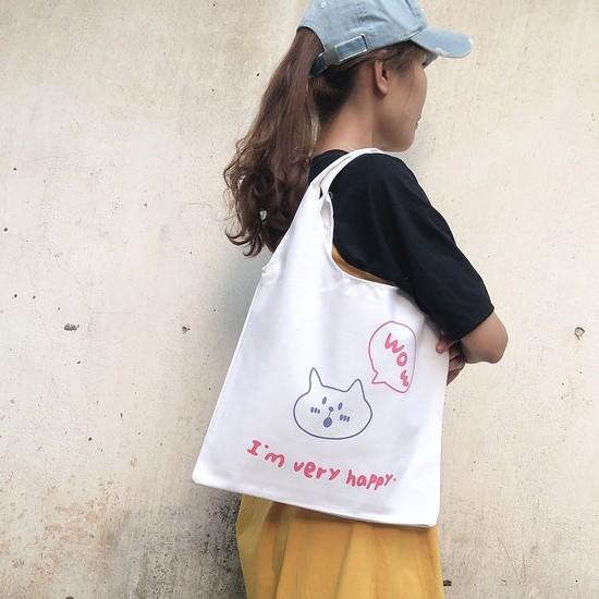 Túi vải canvas mèo wow hàn quốc - Sam Official -Vải trằng tinh- Freeship extra - Túi tote đeo vai quai tròn