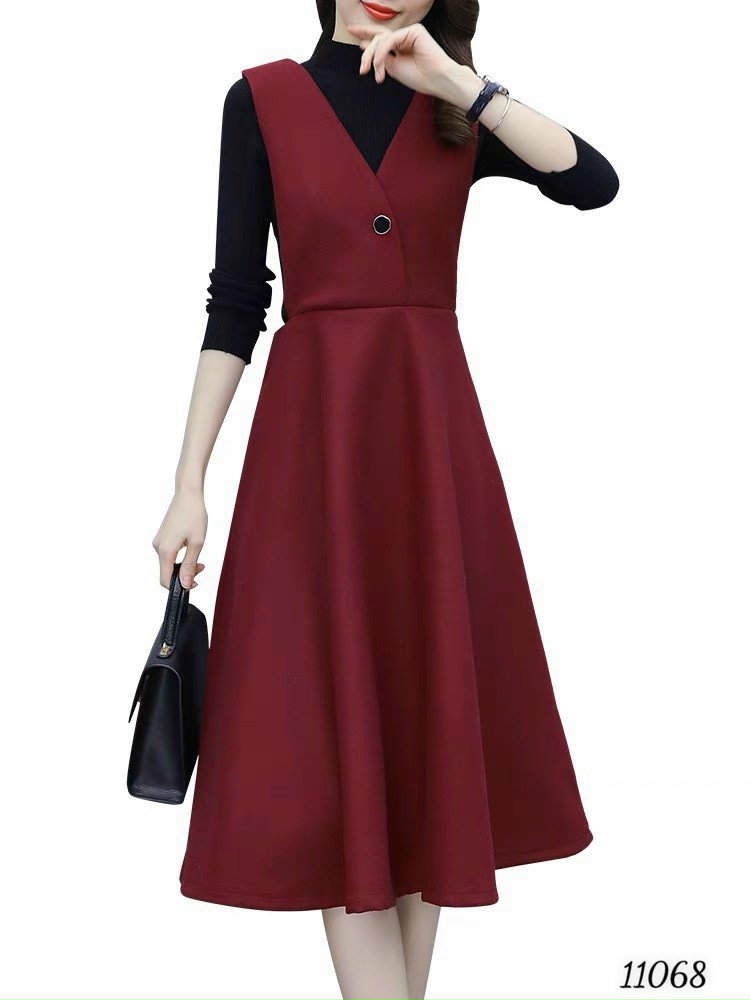 Đầm váy nữ vest dự tiệc công sở đỏ đen phối thun gân dài tay sang trọng