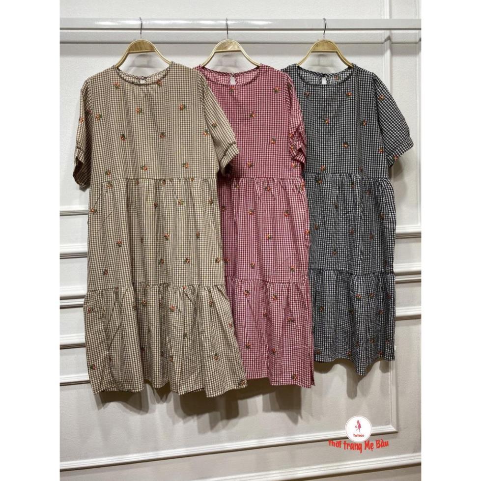 Váy bầu thiết kết baby kẻ thêu ( ảnh thật ) (shop Tatoco