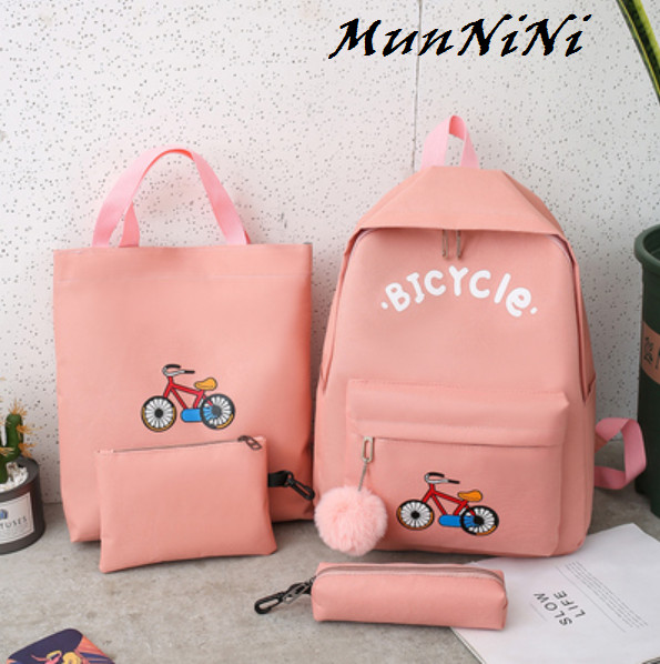 Balo nữ combo 4 món đi học thời trang sinh viên học sinh ba lô set cặp thời trang xe đạp- Munnini