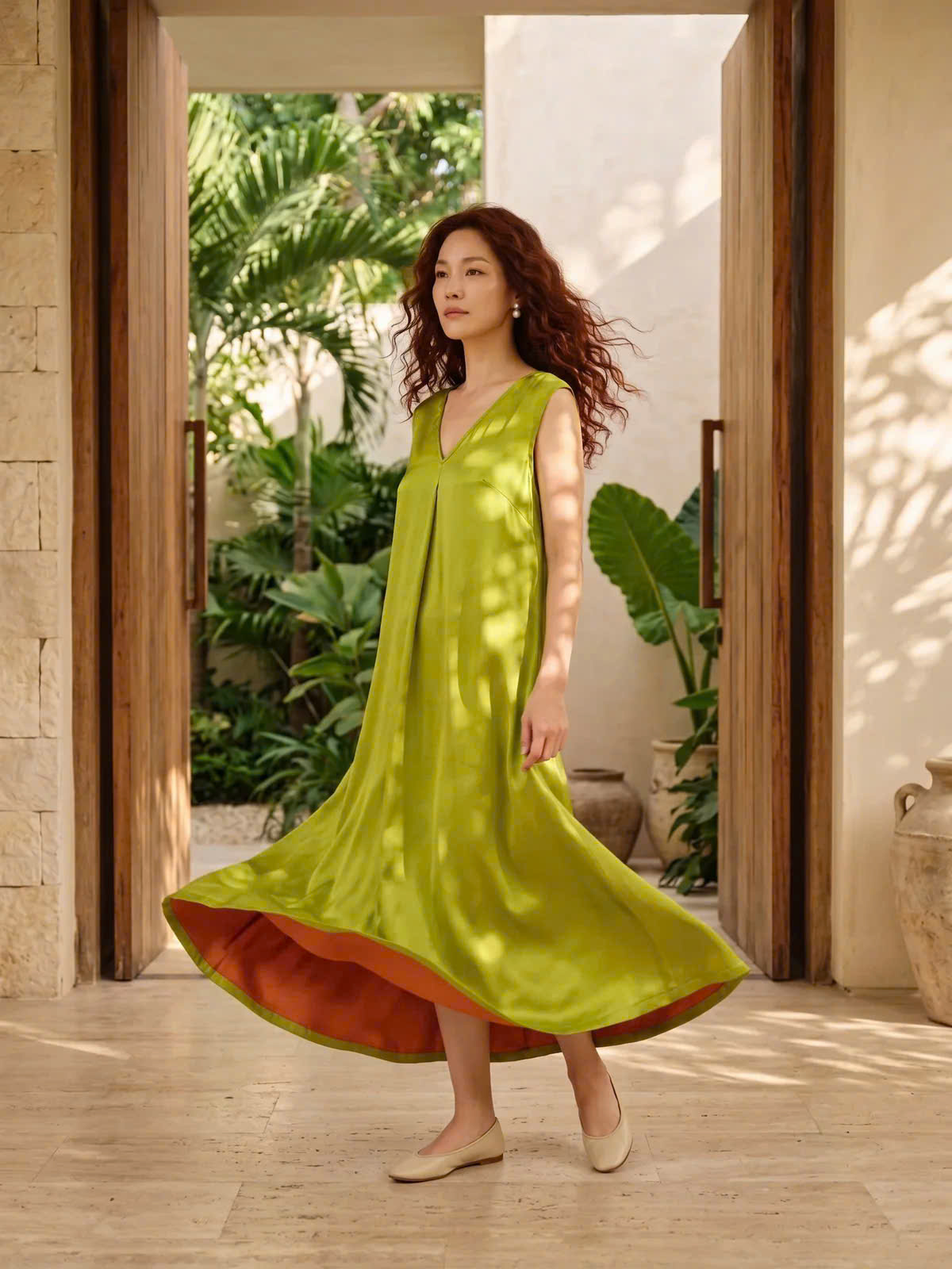 Đầm Maxi Lụa Tơ Tằm Xanh Mạ Phiên Diệp Dre202 thời trang Hity