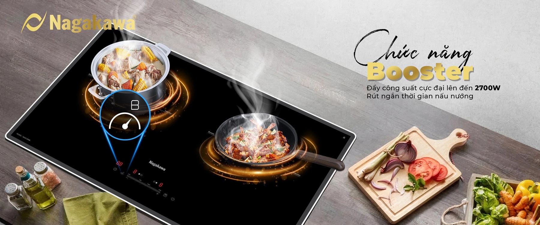 Bếp đôi điện từ Nagakawa UltraSlim NK2C29MB - Hàng Chính Hãng
