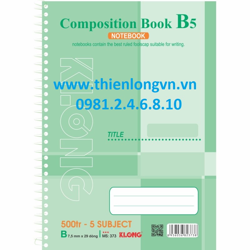 Sổ lò xo đơn B5 - 500 trang; Klong 373 bìa xanh lá