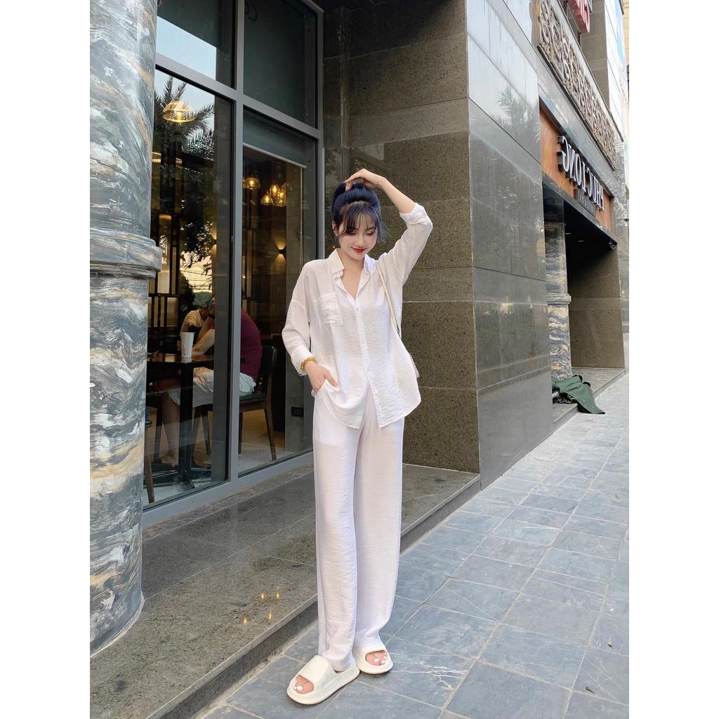 SET áo sơ mi quần ống rộng vải đũi trắng MIX đồ đi chơi cực sang - Chất vải đũi mặc vừa nhẹ vừa mát - HASCOO DD - Set trắng quần 2 lớp