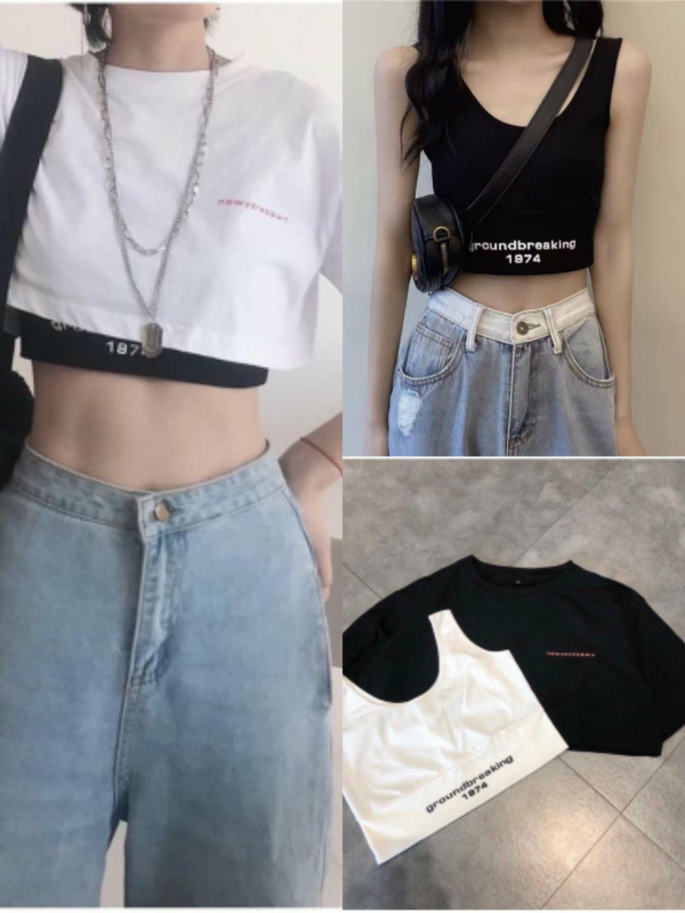 Bộ Áo Croptop Nữ 1974 Áo Ngắn Tay Lỡ Kèm Bra 2 Màu X001