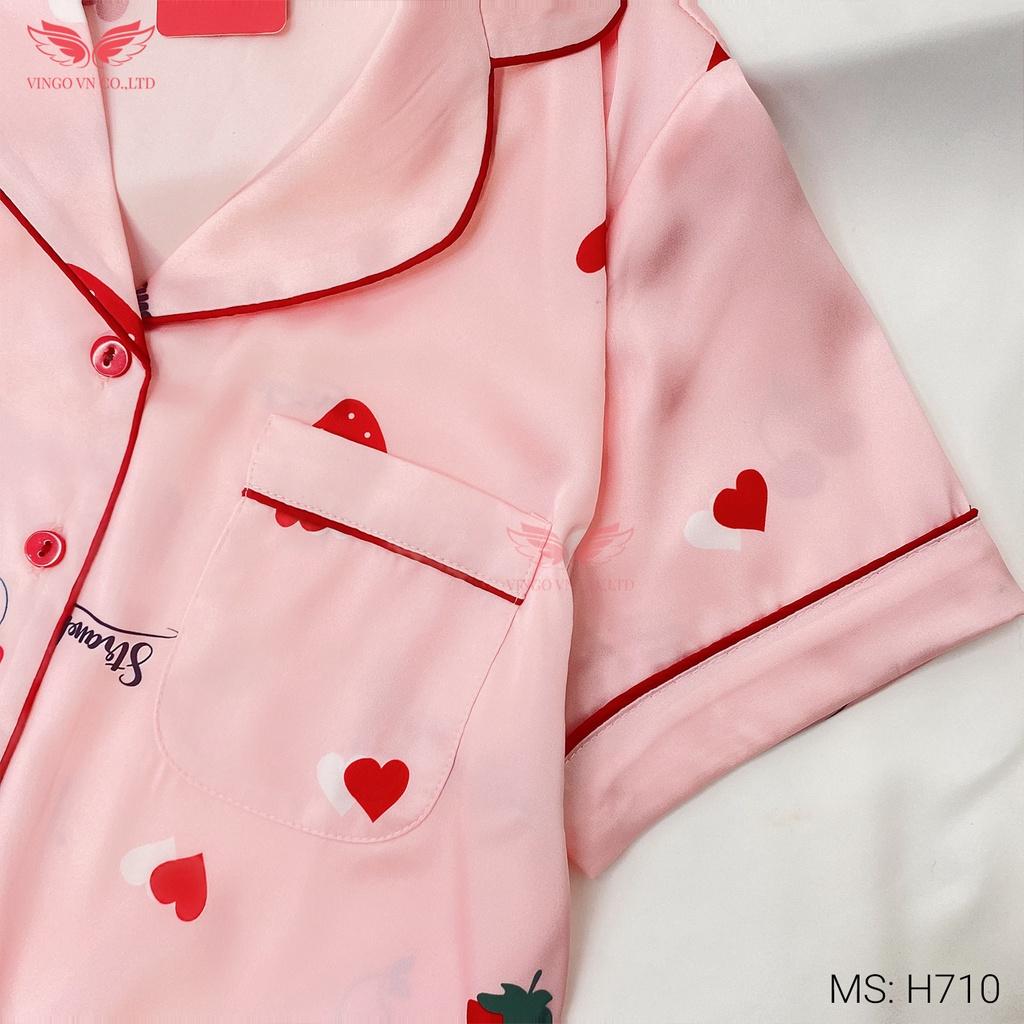 Đồ bộ nữ Pijama mặc nhà lụa Pháp cao cấp VINGO tay ngắn quần đùi cherry và dâu hồng dễ thương mặc mùa Hè mát H710 VNGO