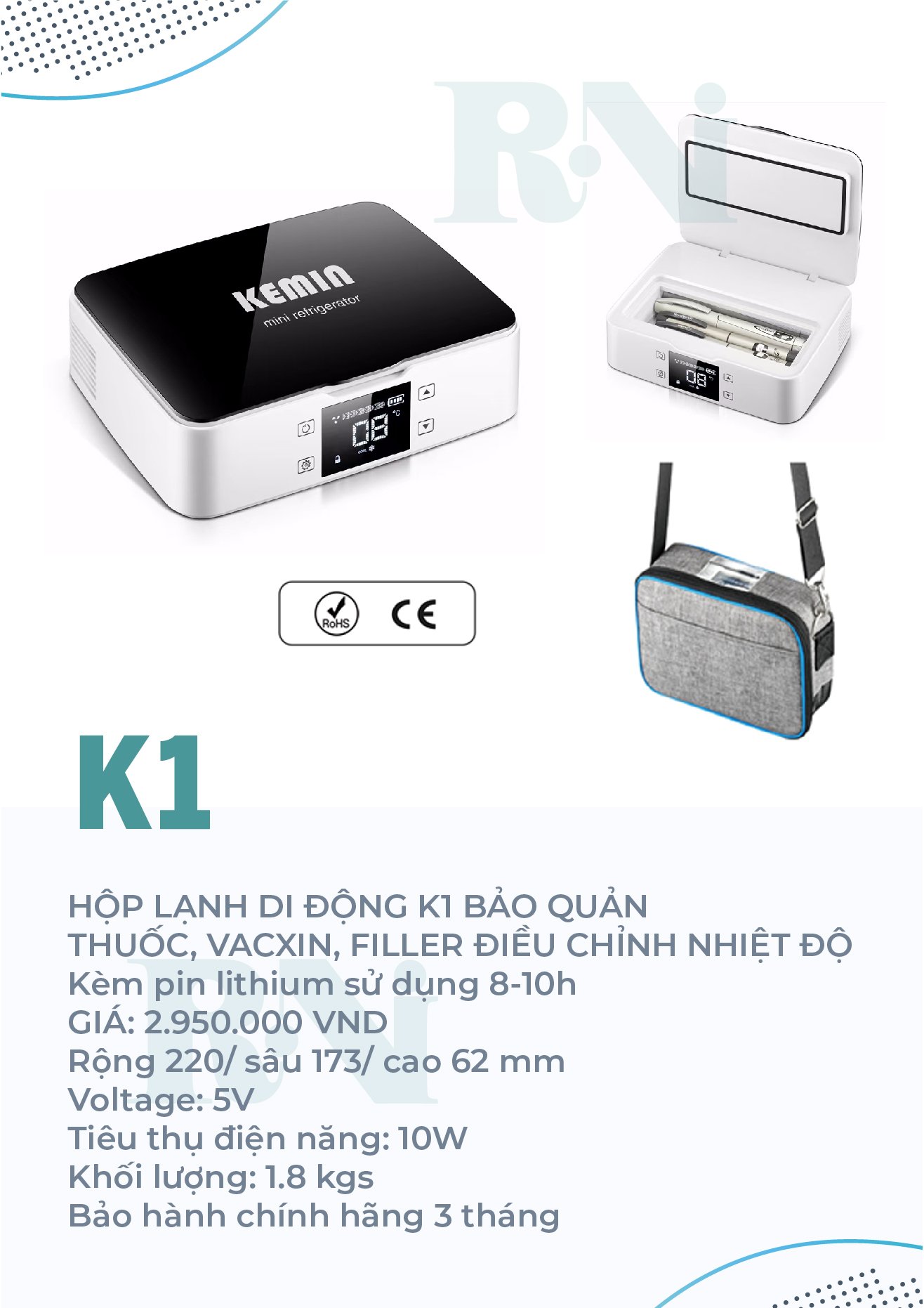 Hộp lạnh di động Chính hãng Kemin K1 Pin 10400mah- Bảo quản Insulin, vacxin, thuốc, filer,botox- Tặng kèm túi đeo