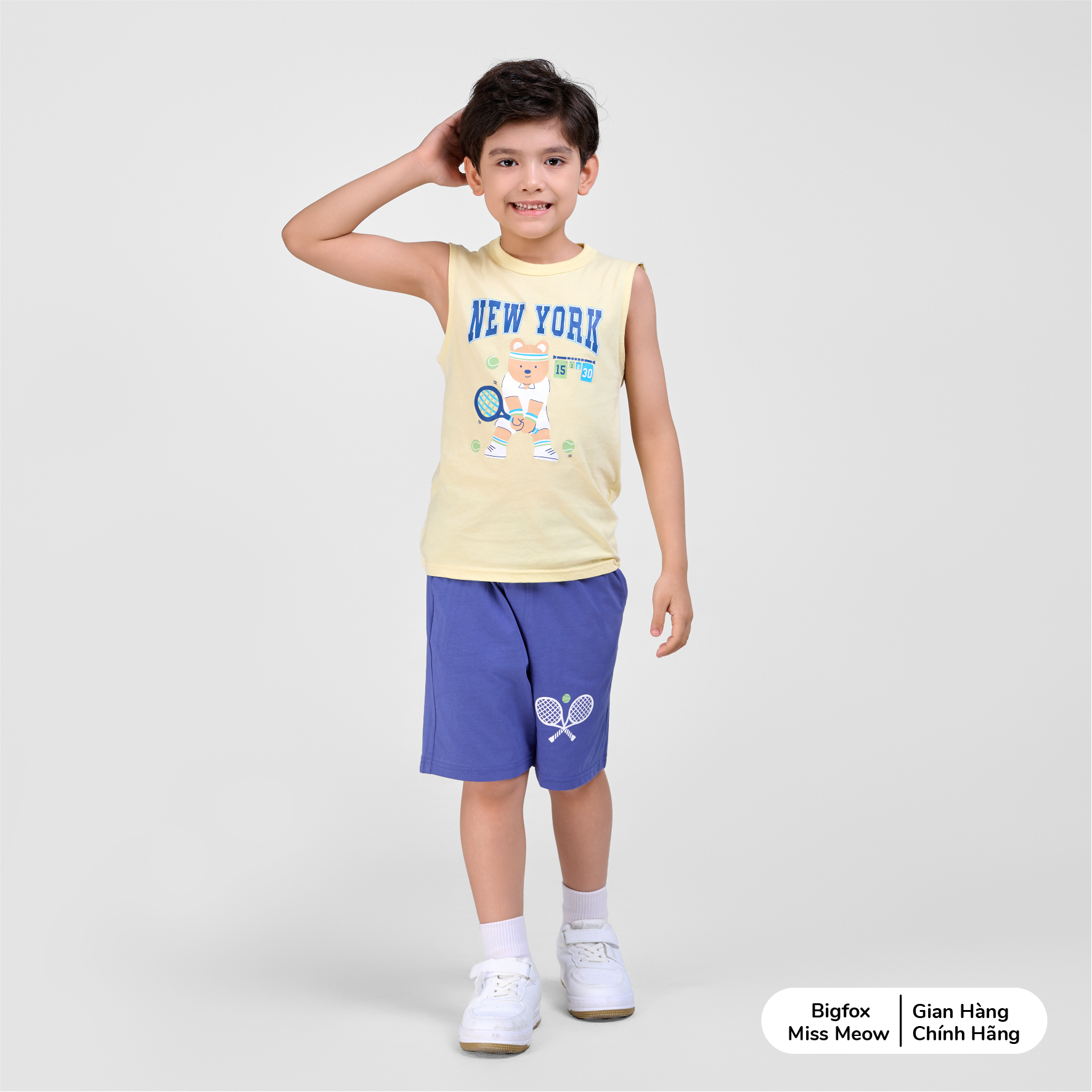 Bộ bé trai sát nách Bigfox Miss Meow size đại chất cotton in Gấu cỡ 3,7,9,11 tuổi 30kg 40kg