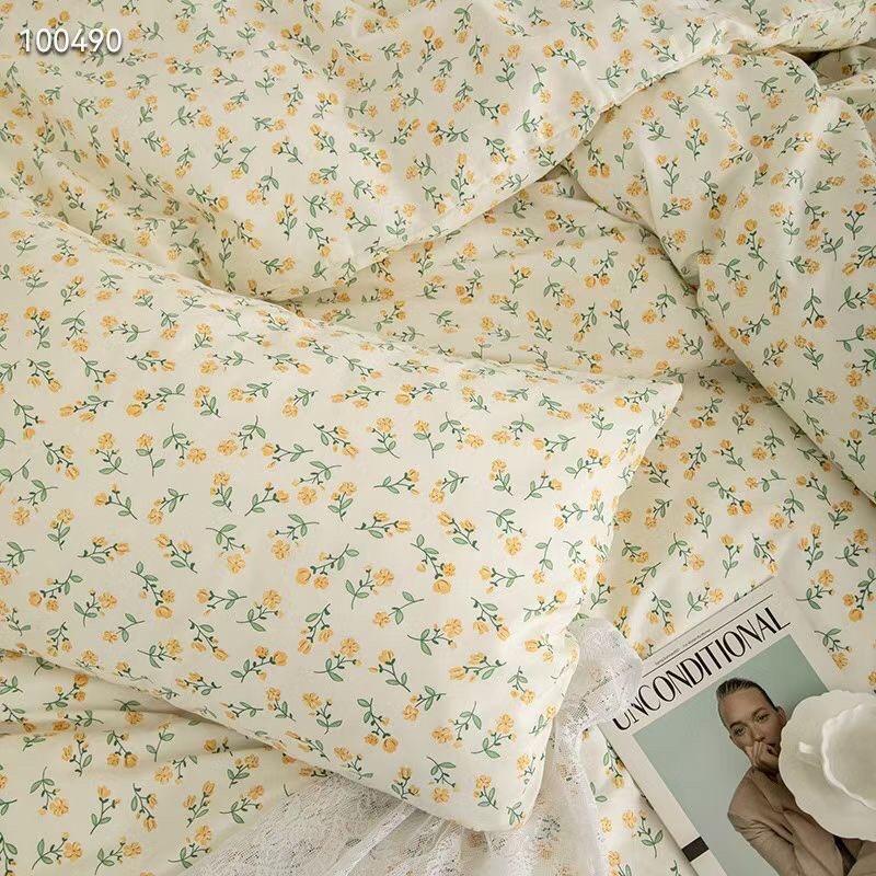Bộ Chăn Ga Gối Cotton Living 100%cotton Hàng Nhập Khẩu Cao Cấp 4 Món Hoa Vintage Nhí Xanh