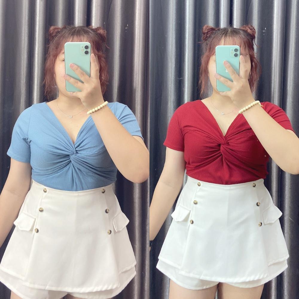 Áo thun bigsize nữ tay nắn kiểu xoắn ngực chất gân tăm co giãn phom rộng 60-92kg G100
