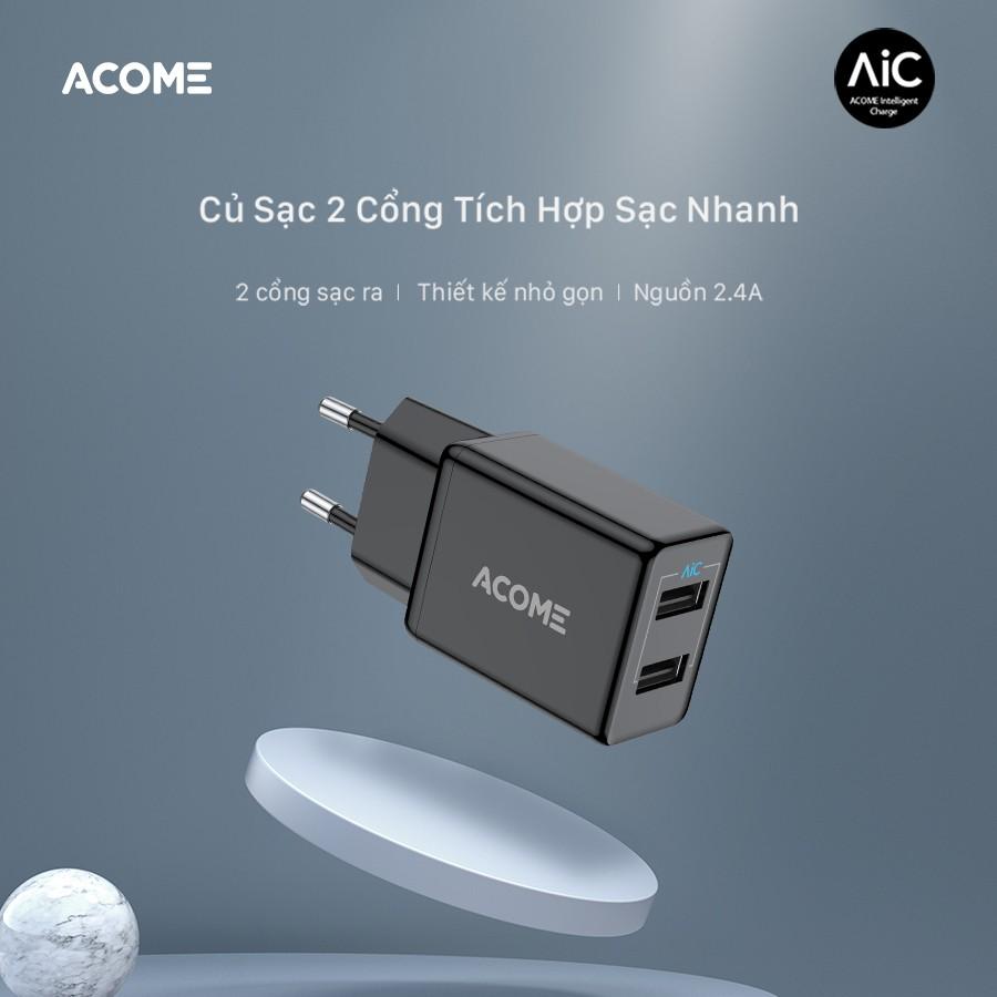 Củ / Cốc Sạc Nhanh ACOME 2 Cổng USB 2.4A - Hàng Chính Hãng