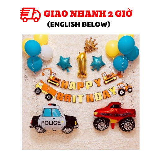 Set bong bóng thôi nôi bé trai chủ đề xe 1 year birthday set Tnoi15