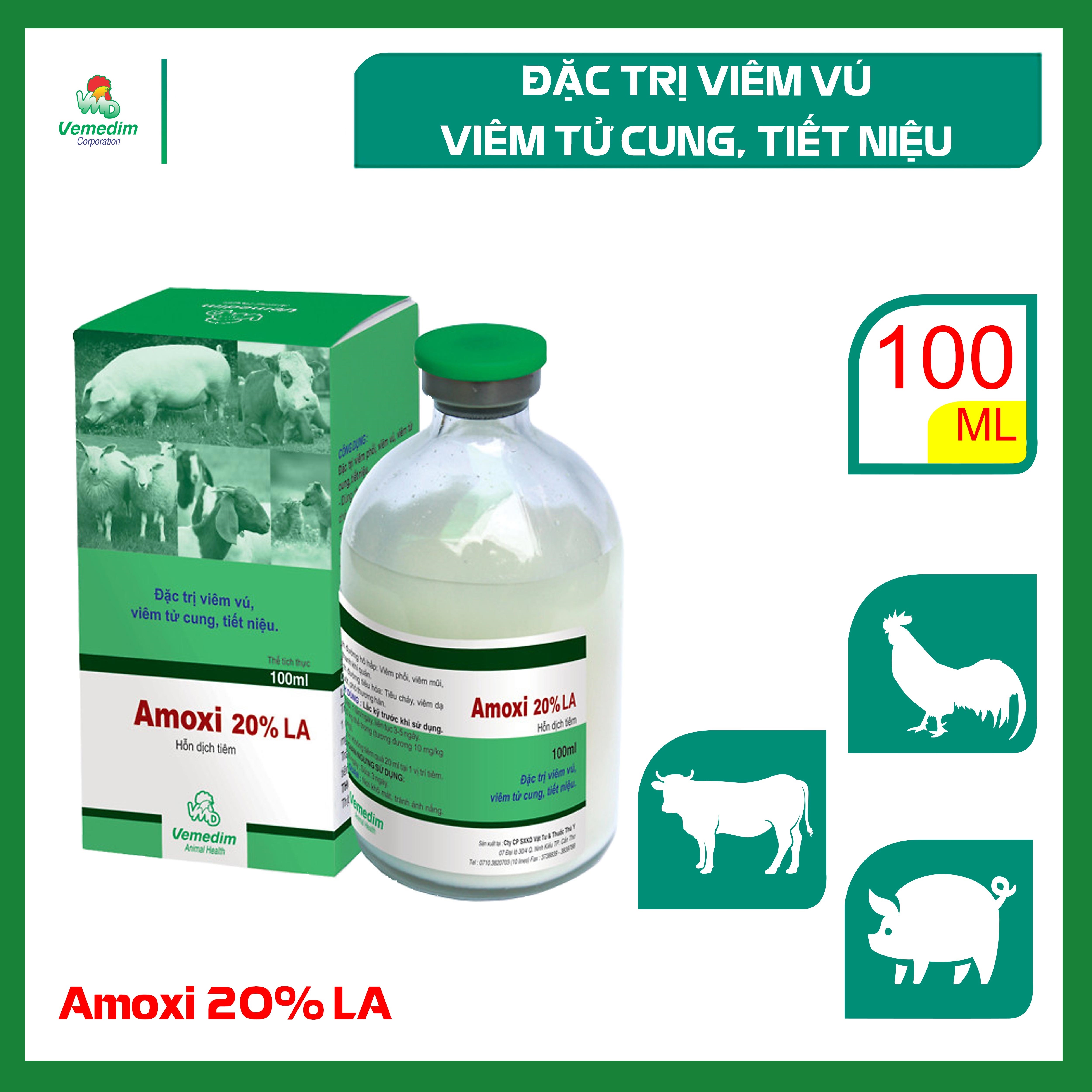 AMOXI 20% LA Thuốc tiêm đặc trị viêm phổi, viêm vú, viêm tử cung, tiết niệu, tác động kéo dài 48h dùng cho chó, mèo, Chai 100ml, sản phẩm Vemedim