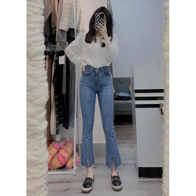 QUẦN JEANS XANH ĐEN ỐNG LOE XẺ GẤU