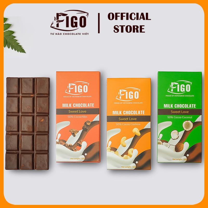 Combo 3 Thanh Kẹo Socola Milk Chocolate 50% Cacao Figo 50gr nhân hạt Điều, Hạnh Nhân, Sữa Dừa