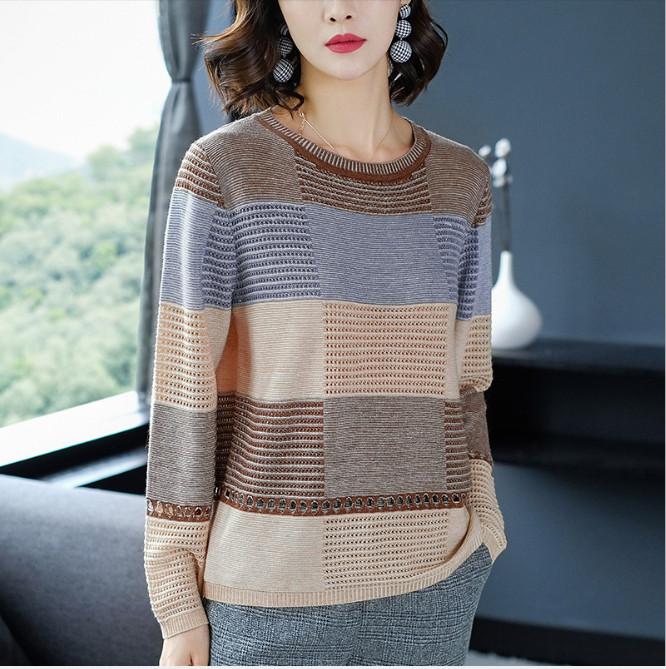 Áo len nữ rộng rãi sọc dài tay áo pull mỏng dệt kim thời trang xuân thu