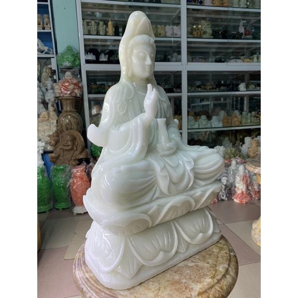 Tượng Phật Quan Thế Âm Bồ Tát Ngồi Đài Sen Cầu Bình An Đá Cẩm Thạch Trắng - cao 51cm