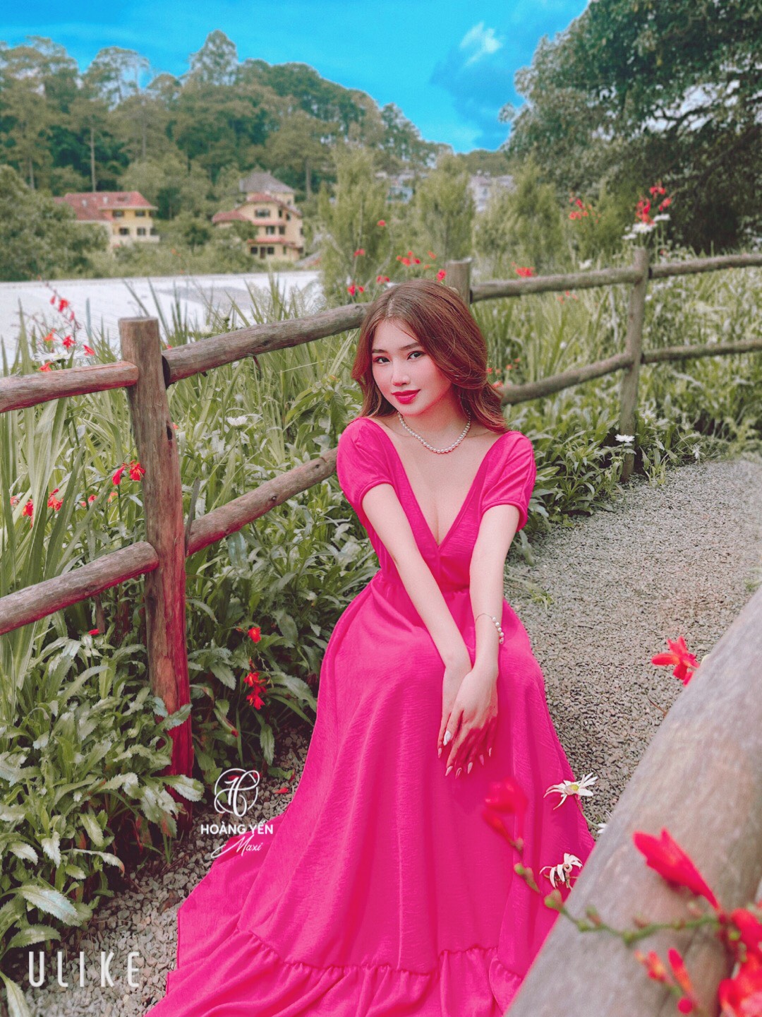 HOANGYEN Đầm maxi đi biển màu hồng sen cổ V phối bèo cột nơ, váy maxi du lịch chất đũi