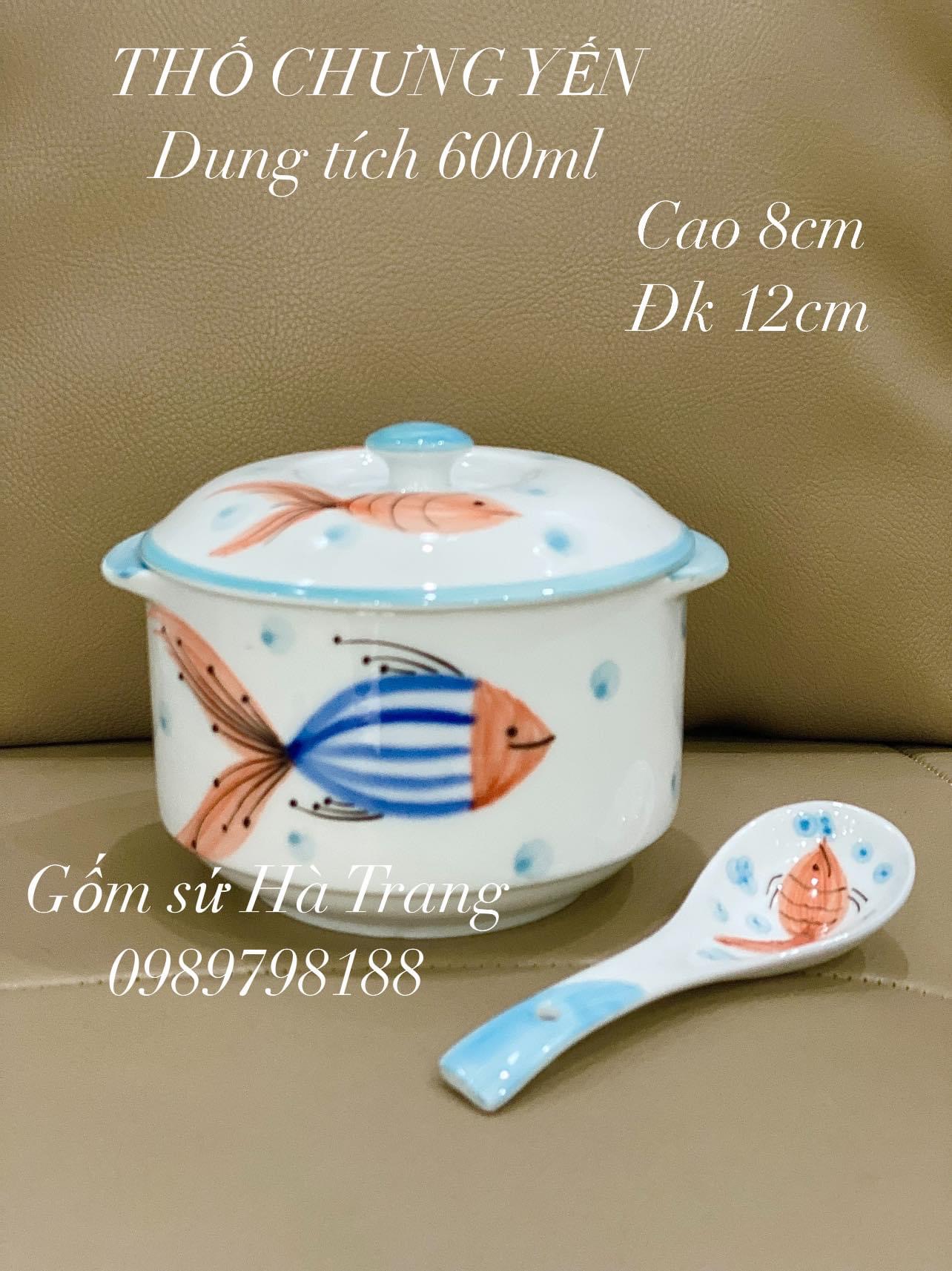 Thố chưng yến dung tích 600ml gốm sứ Bát Tràng cao cấp vẽ hoạ tiết cá kèm thìa