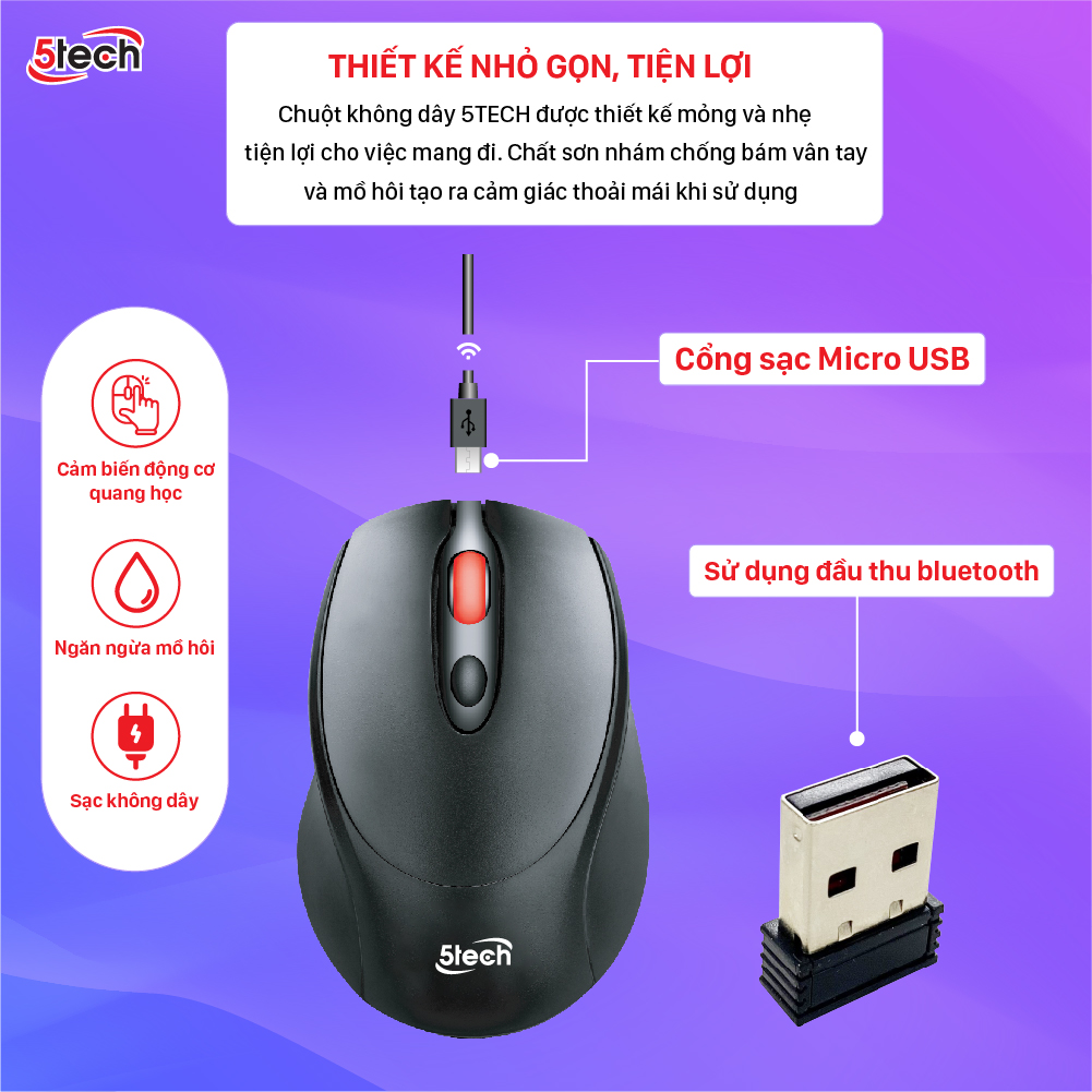 Chuột không dây 5TECH, chuột gaming wireless 2.4Ghz chuột quang sạc pin siêu nhạy cho máy tính, laptop,chất liệu nhựa ABS cao cấp hàng chính hãng