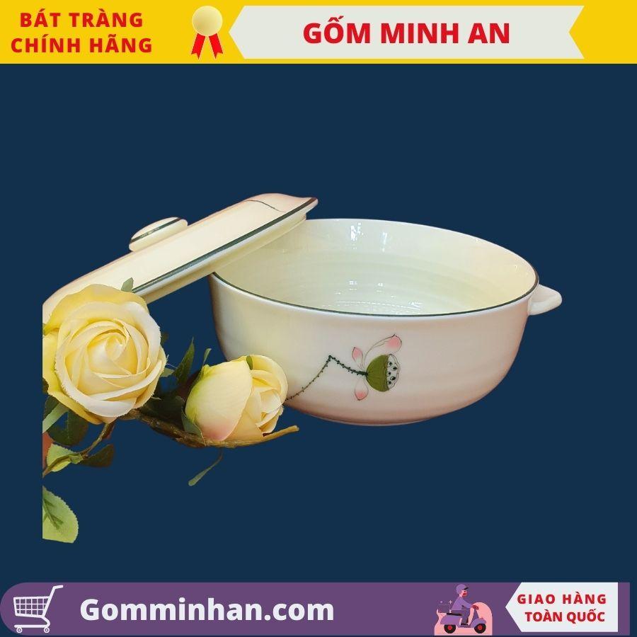 Âu đựng cơm sứ Bát Tràng có nắp men kem vẽ hoa văn thủ công gốm sứ Minh An Bát Tràng