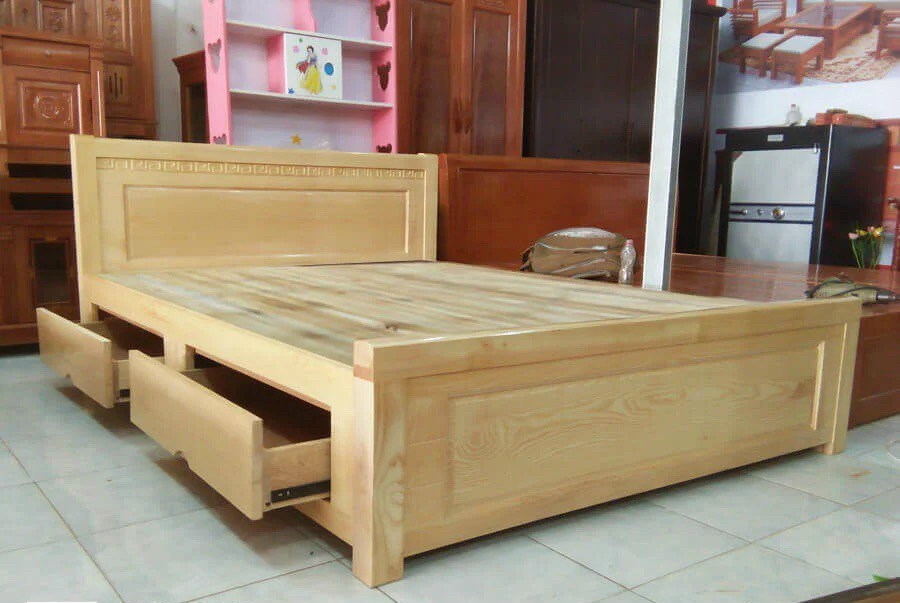 Giường Juno Sofa gỗ Miền Bắc 1m6 hoặc 1m8 vạt liền có hộc