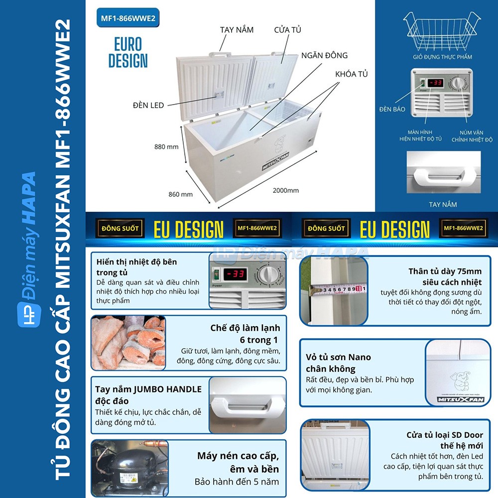 Tủ Đông Cao Cấp MITSUXFAN MF1-866WWE2D Inverter 900 Lít, 01 Ngăn, Tủ Cấp Đông Tiêu Chuẩn Châu Âu - Hàng Chính Hãng