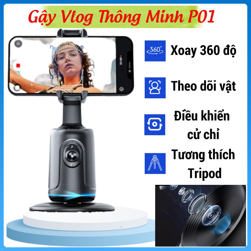 Gimbal điện thoại xoay 360 độ P01, Gậy Livestream, chụp ảnh, quay tik tok, vlog thông minh, tự động nhận diện theo dõi khuôn mặt, điều khiển bằng cử chỉ