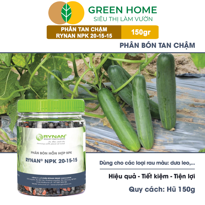 Phân Tan Chậm GreenHome, Rynan NPK 20-15-15, Hũ 150gr,Dùng Cho Loại Cây Họ Leo Bầu Bí, Mướp, Dưa Leo