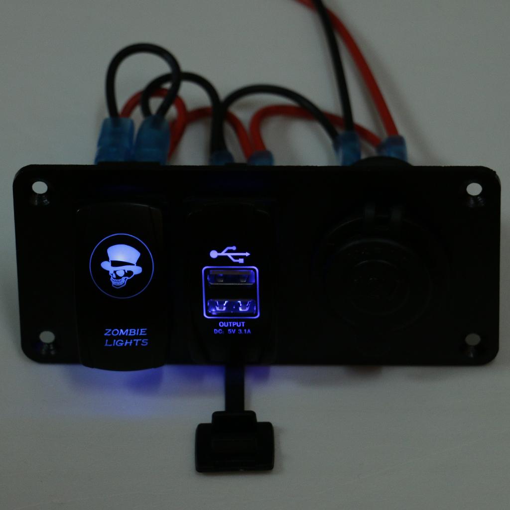 Power Socket +5 Pin Rocker Switch+Dual USB Charger Panel for 12V/24V Vehicles