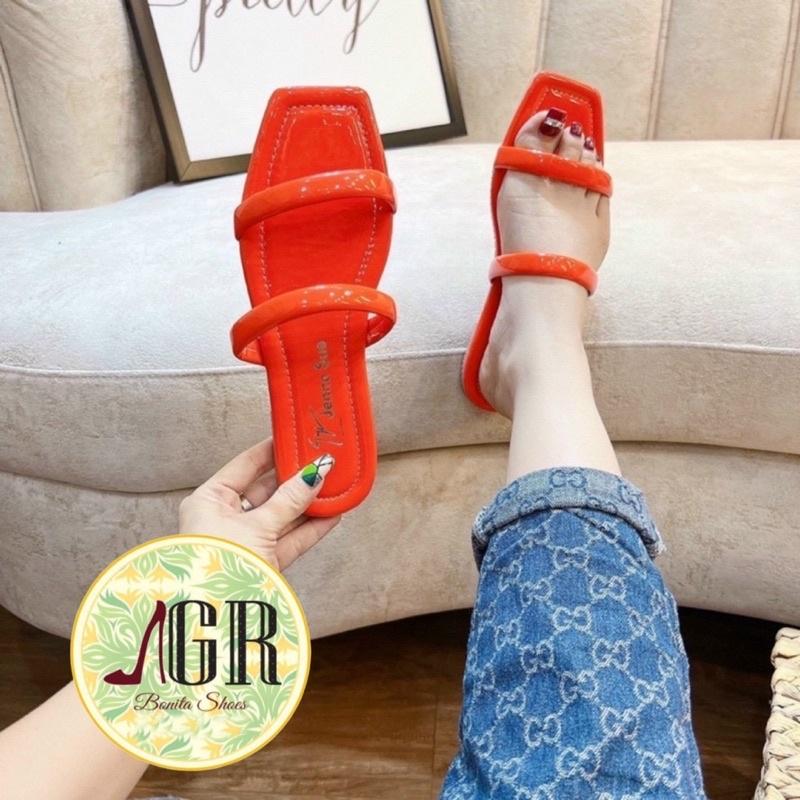 Dép 2 quai ngang da bóng mũi vuông